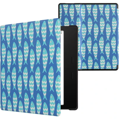 Afbeelding van kwmobile E reader hoesje geschikt voor Amazon Kindle Oasis 10. Generation hoes flip case met magnetische sluiting Ereader cover Visjespatroon design in blauw / lichtblauw wit