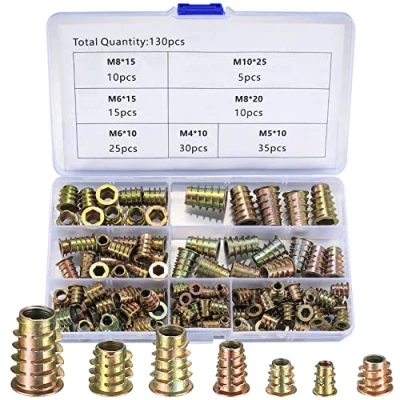 Afbeelding van Gaomoeny 130 stuks Schroefdraadinzetstukken, houten inschroefmoeren, M4, M5, M6, M8, M10, inschroefmoffen, schroefdraadhulzen, binnendraad, inzetstukken, schroefdraadmof voor meubels