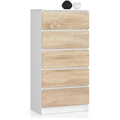 Afbeelding van AKORD Commode K60 met 5 laden voor de woonkamer slaapkamer kast kantoor werkkamer modern functioneel design 60 x h 121 d 40 cm, gewicht 39 kg wit/sonoma eiken
