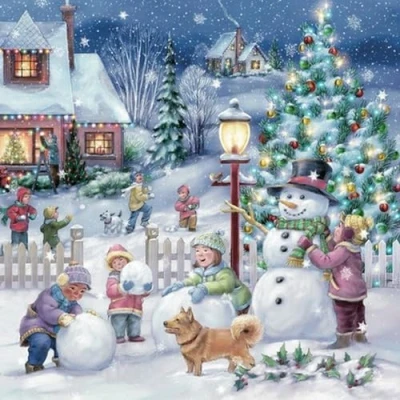 Afbeelding van 20 servetten Kerstmis Snowy Winter Village als tafeldecoratie. Papieren met motief. Ook voor decoupage en servettechniek 33x33cm