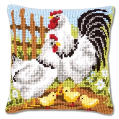 Afbeelding van Vervaco Kippenfamilie op boerderij kruissteekkussen voorbedrukt, katoen, meerkleurig, 40 x 0,3 cm