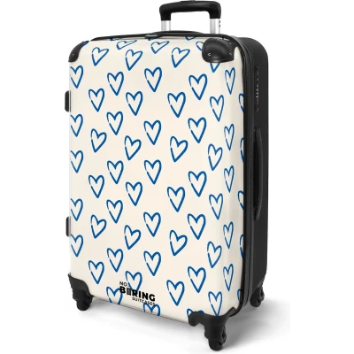 Afbeelding van NoBoringSuitcases.com® Koffer groot Rolkoffer lichtgewicht Wit met blauw hartjes patroon Reiskoffer 4 wielen Grote trolley XL 20 kg bagage