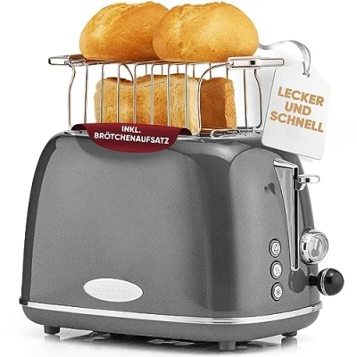 Afbeelding van ProfiCook broodrooster in stijlvol vintage design 2 sneden met brede sleuf (extra toastsleuven) en stevige metalen behuizing Retro broodjesrek PC TA 1193 antraciet