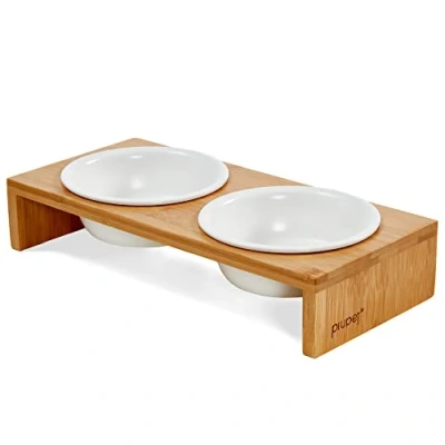 Afbeelding van PiuPet® Kattenvoerbak voor katten en kleine honden Voerbak kat met stijlvol bamboe frame Verhoogd voerstation Kattenbar (2 voerbakjes)