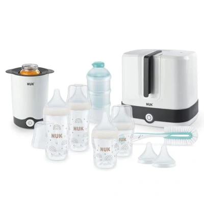 Afbeelding van NUK Perfect Match Complete Feeding Set Vanaf 0 maanden Vario Express sterilisator, 4 babyflessen, flessenwarmer, flessenborstel en meer regenboog 8 stuks