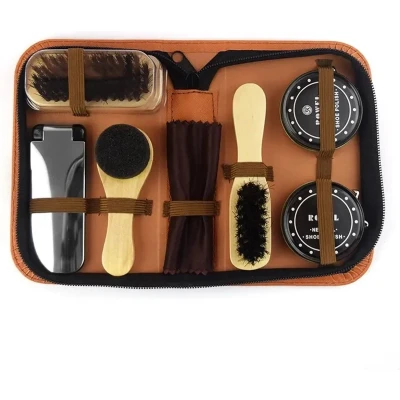 Afbeelding van Premium schoenpoets set 8 delig met 2x Schoensmeer in handige reis etui BRUIN Sneaker Cleaner Schoenen Schoonmaak Schoenverzorging Schoenpoetsset Schoenborstel Schoenlepel