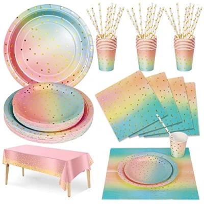 Afbeelding van Nkaiso Party Servies 126 stuks Regenboog Goud Feestservies, verjaardagsservies feestaccessoires Inclusief borden servetten papieren bekers voor kinderverjaardag verlovingsfeest 25 gasten