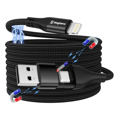 Afbeelding van Magtame Magnetic Coiled Light_ning kabel, 2 in 1, multi oplaadkabel, 1 m, USB A/C naar snel opladen, PD 30 W, gevlochten MFi gecertificeerd, compatibel met iPhone 14 Pro, 13