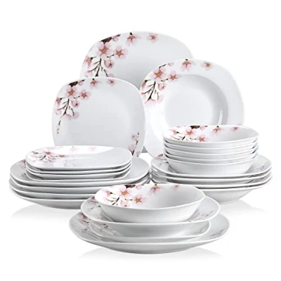 Afbeelding van VEWEET &#039;Annie&#039; 24 delige dinerset, ivoor / wit roze porseleinen servies met bloemen, van keramiek kommen, dessertborden, soepborden, dinerborden voor 6