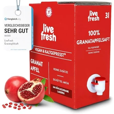 Afbeelding van LiveFresh Sapbox 3 l granaatappelsap koudgeperst vruchtensap zonder toegevoegde suikers Bag in box granaatappel van 100% verse granaatappels sapzak