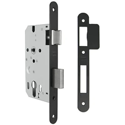 Afbeelding van Amig Insteekslot voor houten deuren, met sluitklem, voorzijde en houder in ronde rand, ingang 50 mm, omkeerbare drukknop, staal, matzwart, 230 mm