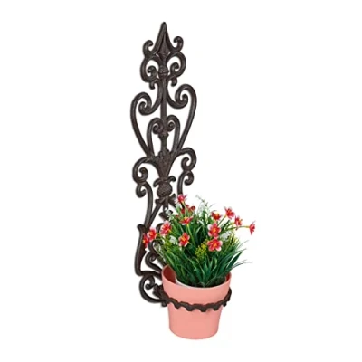 Afbeelding van Relaxdays bloempothouder, plantenhanger muur, ring Ø 14,5 cm, gietijzer, HxBxD: 54 x 17 18 antiek design, bruin