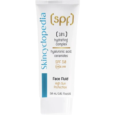 Afbeelding van Skincyclopedia zonbescherming gezichtsvloeistof SPF 50 met 10% hydraterend complex 50ml Hyalronzuur, Ceramiden, VITAMINE B5 hoge bescherming tegen UVA en UVB stralen