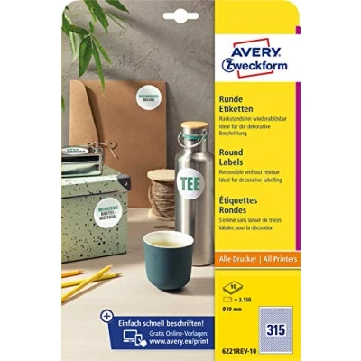 Afbeelding van AVERY Zweckform 6221REV 10 ronde etiketten (3.150 plakpunten, Ø10mm op A4, stickers om te bedrukken, verwijderbaar zonder resten achter laten, zelfklevende jamlabels) vellen, wit