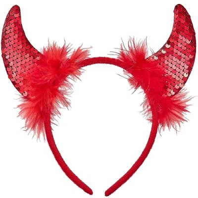 Afbeelding van Balinco Halloween duivelsoren, haarband, duivels outfit, duivelshoorns, rood, glitter, sexy damesverkleding, satan hoofdtooi, carnaval