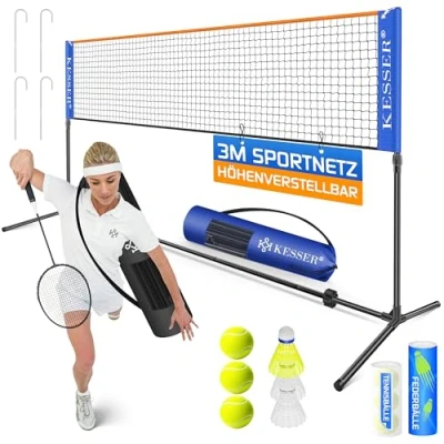 Afbeelding van KESSER® Badmintonnet Tennisnet 500cm Shuttlebalnet 3 Voudig Verstelbaar 107/120/155cm, Set met Net, 3x Shuttlebal, Draagtas Stevig IJzeren Frame, Indoor &amp; Outdoor, Zwart