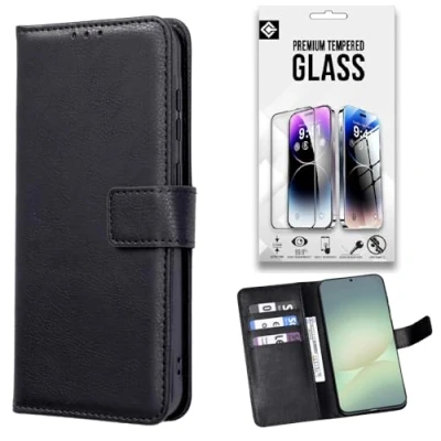 Afbeelding van Casemania Hoesje Geschikt voor Motorola Edge 20 Pro Zwart &amp; Glazen Screenprotector Portemonnee Book Case Kaarthouder Magneetlipje