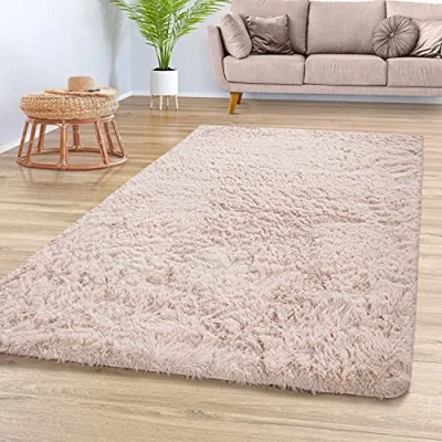 Afbeelding van Vloerkleed Woonkamer Hoogpolig Langpolig Zacht Soft Modern Eenkleurig Design, Kleur: Beige Crème, Maat:160x220 cm