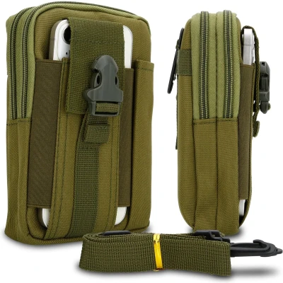 Afbeelding van Cadorabo tactische mobiele telefoon etui in EFFEN GROEN molle EDC compatibel met Samsung Galaxy A01 CORE schouderriem houder extra militaire riem max. 6,7 inch heuptasje