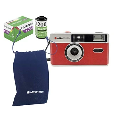Afbeelding van AgfaPhoto Analoge 35mm kleine beeldfilm fotocamera rood + kleur foto&#039;s film batterij
