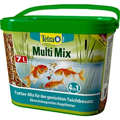 Afbeelding van Tetra Pond Multi Mix visvoer voor gemengde in de vijver, bevat vier verschillende soorten voer (vlokvoer, voersticks, gammarus, wafer), 7 liter emmer