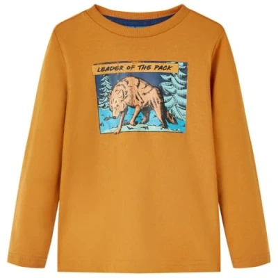 Afbeelding van Kindershirt met lange mouwen wolvenprint 140 donker donkerokerkleurig