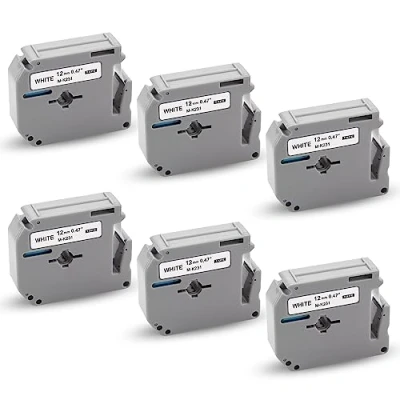 Afbeelding van 6x XemaX Label Tape Vervanging voor Brother MK 231bz M K231 MK231 12mm x 8m Zwart op Wit P Touch Etikettenband Compatibel PT 65 90 M95 80 100 110 70 85 60