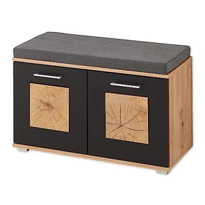 Afbeelding van FUN Schoenenbank met zitvlak in zwart, Artisan eiken look hersenhouten applicaties, comfortabele zitbank opbergruimte voor je hal, 84 x 53 38 cm (b h d)