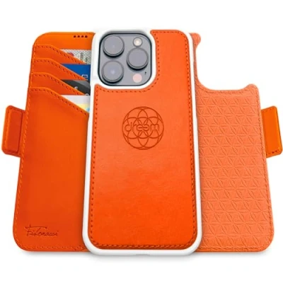 Afbeelding van Dreem Fibonacci compatibel met iPhone 16 Pro Max portemonnee case / 2 in 1 schokbestendig hoesje en afneembare veganistisch lederen folio, MagSafe, RFID bescherming [Oranje]