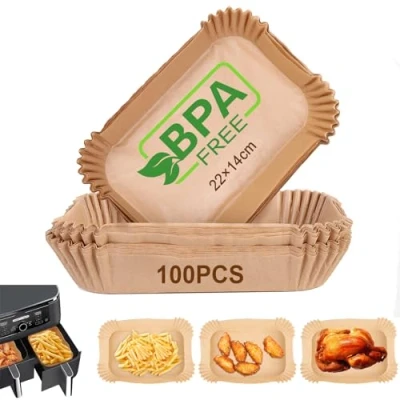 Afbeelding van AiQInu Bakpapier voor heteluchtfriteuse met dubbele kamer, 100 stuks, 22 x 14 cm, BPA vrij, rechthoekig, airfryer bakpapier, anti aanbaklaag, wegwerp, waterdicht, oliebestendig, perkamentpapier, liner