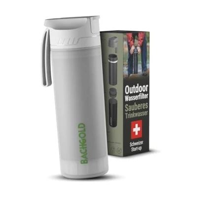 Afbeelding van BACHGOLD® Professionele outdoor waterfilterfles met 1500 liter filtercapaciteit, verwijdert 99,99% van alle bacteriën en filtert virussen, deeltjes zware metalen, wit