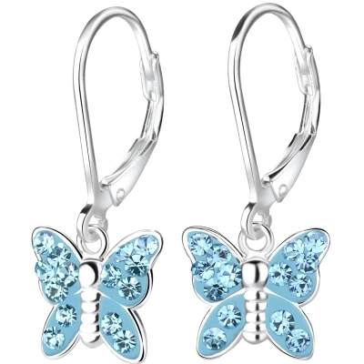 Afbeelding van JoyS Zilveren vlinder bedel oorbellen blauw kristal leverback sluiting