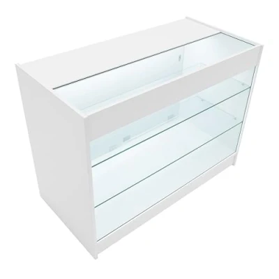 Afbeelding van Wit Winkel Toonbank LED Verlichting K1200 Afsluitbaar Schuifdeuren 2 Sleutels Detailhandel Opbergkast Glas Vitrine Display Kast Receptie Bureau 3 Planken Koele Witte Lampen