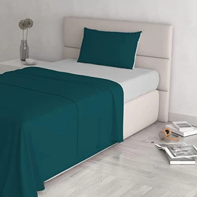 Afbeelding van Italian Bed Linen Natural Color beddengoedset, 100% katoen, benzine groen/lichtgrijs, klein dubbel