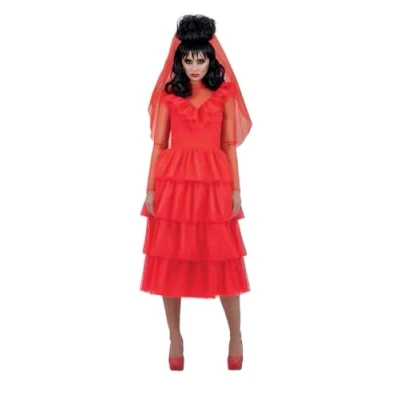 Afbeelding van Smiffys Beetlejuice Lydia bruidskostuum voor volwassenen, mini jurk, sluier en choker in rood gelaagd ontwerp, officieel Warner Brothers gelicentieerd kostuum, perfect bijpassende
