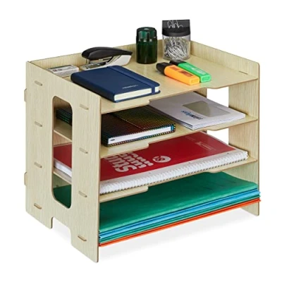 Afbeelding van Relaxdays bureau organizer brievenbak a4 3 vakken documentenhouder kantoor bruinen