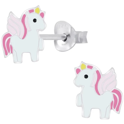 Afbeelding van JoyS Zilveren eenhoorn oorbellen roze vleugeltjes unicorn paardje oorknoppen