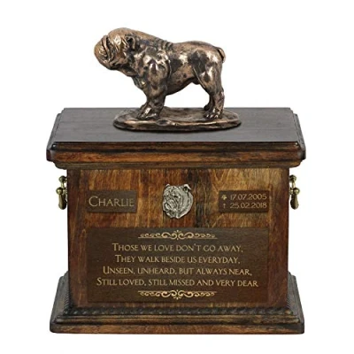 Afbeelding van Art Dog Custom Sitting Statue Memorial Urn Handgemaakt koud gegoten brons op berkenhouten voet 8,3x11,4x8,7 5l Engelse bulldog