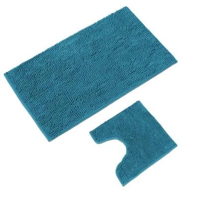 Afbeelding van WohnDirect Badmatten set wc mat (45x45cm), badmat (70x120cm) antislip wasbaar badkamertapijt met hals petrol