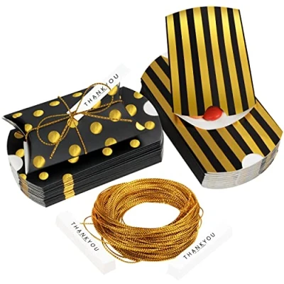 Afbeelding van Belle Vous 50 Stuks Goud &amp; Zwart Papieren Kussen Geschenkdozen met Cadeaulabels Touw Vintage Kraft Stijl Polkadot&amp;Strepen Snoep Traktatiedozen Voor Bruiloft, Verjaardagsfeest, Kerstmis, Babyshower
