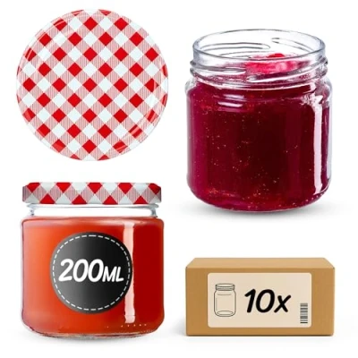 Afbeelding van KADAX Kleine inmaakpotten 200 ml jampotten fi66 mm mini glazen voor honing en specerijen luchtdichte weckpotten ronde (10 stuks rood geruit)