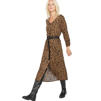 Afbeelding van Trendyol Bruine Geplooide Mini Geweven Jurk Met Knopen Twoaw24El00338