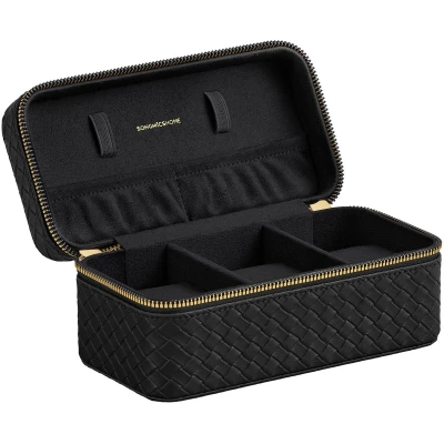 Afbeelding van SONGMICS HOME Horlogebox voor op reis, etui 3 horloges, PU met gevlochten look, 10 x 20 9 cm, cadeau idee, RONNE collectie, zwarte deksel, voering JWB017B01