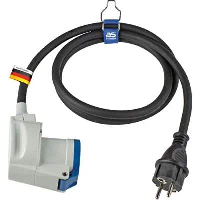 Afbeelding van as Schwabe CEE Adapterleitung 1,5 m Schutzkontakt Stecker 230 V / 16 A &amp; Kupplung (CEE Winkelkupplung) mit Klappdeckel 3 polig Indoor/Outdoor IP44 Made in Germany I 61483