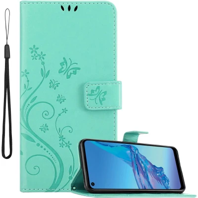Afbeelding van Cadorabo Hoesje geschikt voor Oppo A53s in Turkoois Beschermhoes bloemmotief met magnetische sluiting, standfunctie en kaartsleuven Book Case Cover Etui