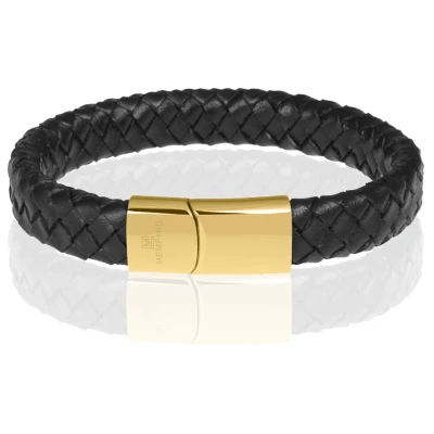 Afbeelding van Memphis gevlochten leren armband Zwart Goudkleurig 20cm