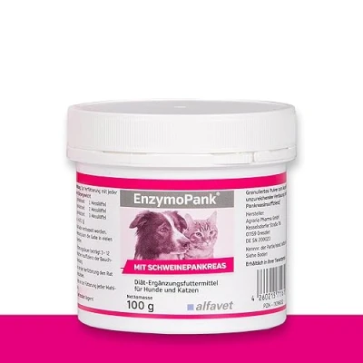 Afbeelding van Alfavet Enzymopank, bij onvoldoende spijsvertering, exocrinesie pancreasinsufficiëntie, voor hond en kat, dieet aanvullend voedsel, poeder, 100 g