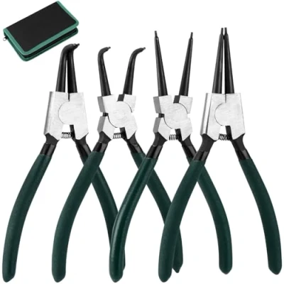 Afbeelding van LEAZZLE 4 stuks 180 mm borgringtangset, borgringtangset met tas, rechte borgringtang en gebogen voor binnen buitenzekeringen, koolstofstaal, zeeringtang