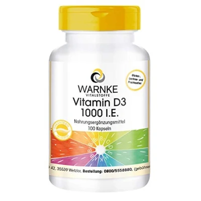 Afbeelding van Vitamine D3 1000 IE hoge dosering Cholecalciferol 100 capsules Warnke Vitalstoffe Duitse apothekerskwalitei