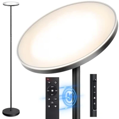 Afbeelding van OUTON Staande lamp, led, dimbaar, 30 W, 2400 lumen, moderne vloerlamp, traploos met 4 kleurtemperaturen, afstandsbediening en touch bediening, 1 uurs timer voor woonkamer, slaapkamer, kantoor, zwart